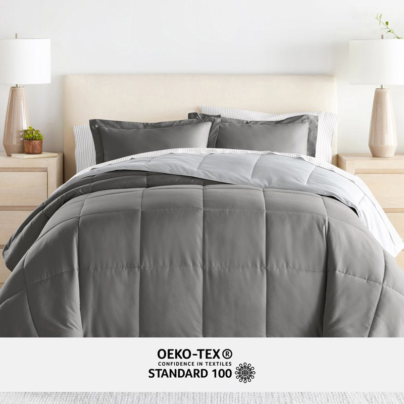 Full Size Reversible Comforter & Patterned Sheet Set - Gray