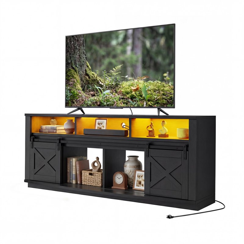70" TV Stand with Power Outlet & LED Lights - Curved Entertainment Center