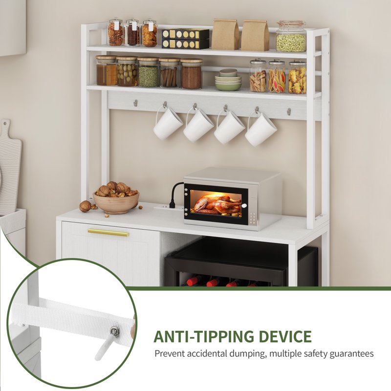 Mini Fridge Stand with Power Outlets & Trash Storage Cabinet - White