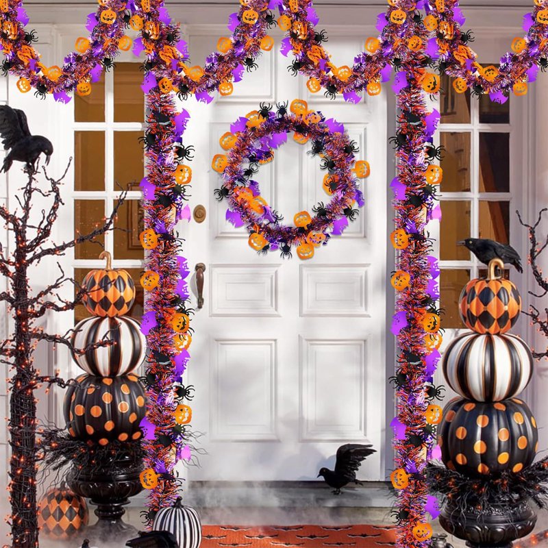 Halloween Garland Decorations - 2m Glitter Tinsel Pumpkin Bat Spider Garland, L-B Variation