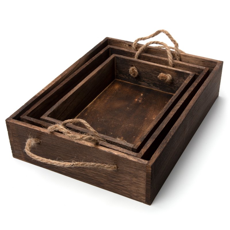 Rustic Brown Wooden Nested Tray Set - 3 Graduated Sizes