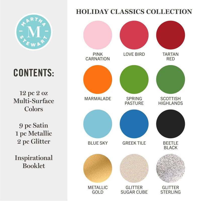 Multi-Surface Glitter Acrylic Craft Paint Set - Holiday Classics, Satin Finish, 12 Colors, 2 fl oz Each
