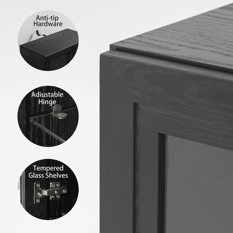 Curio Display Cabinet with Glass Doors - Black, 72x62x16in