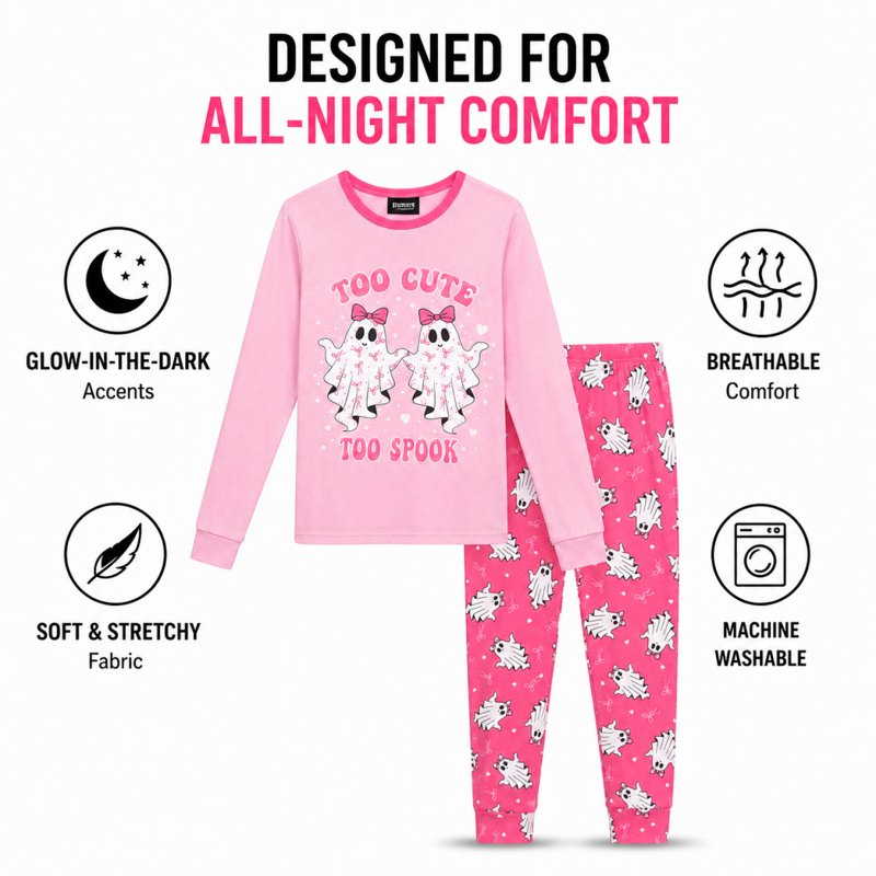Pink Toddler Girls Halloween Pajama Set - 2T-12, Glow-in-the-Dark, 7-8