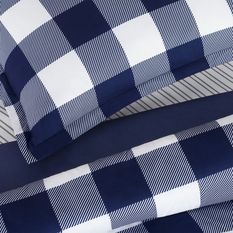 King Serta Simply Clean Bedding Set Navy Buffalo Check 7-Piece Bed in a Bag