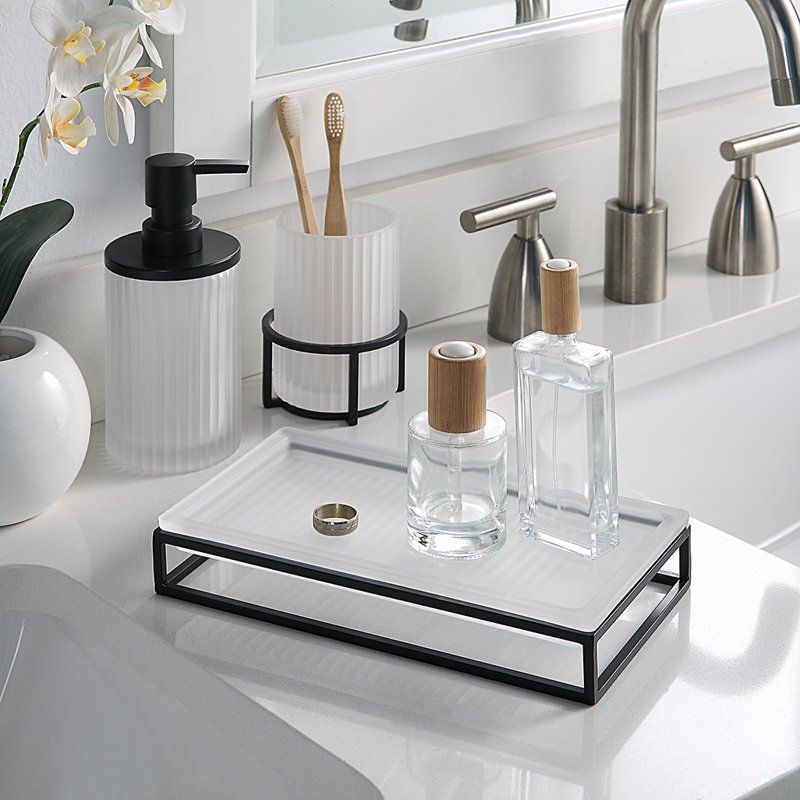 Ribbed Glass and Metal Vanity Tray - White with Black Accents