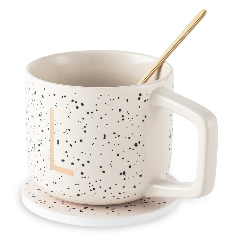 Monogram L Stoneware Mug Set with Coaster & Stir Spoon