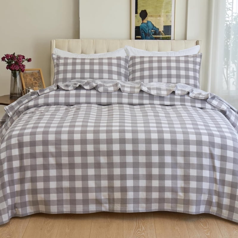 Queen Cotton Flannel Sheet Set - Deep Pocket, Gray Buffalo Check - Elegant Comfort