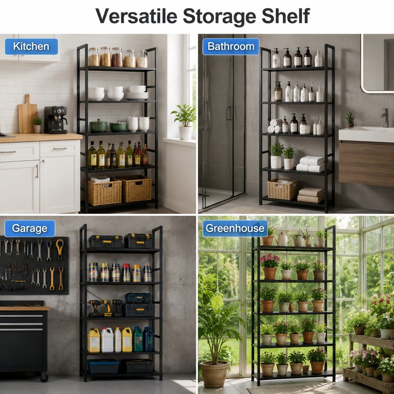 5-Tier Industrial Bookshelf - Open Storage Shelves, Metal Frame