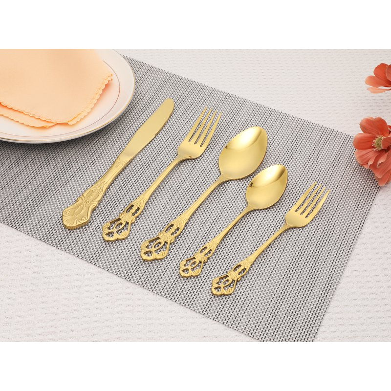 20-Piece Stainless Steel Floral Flatware Set - Gold