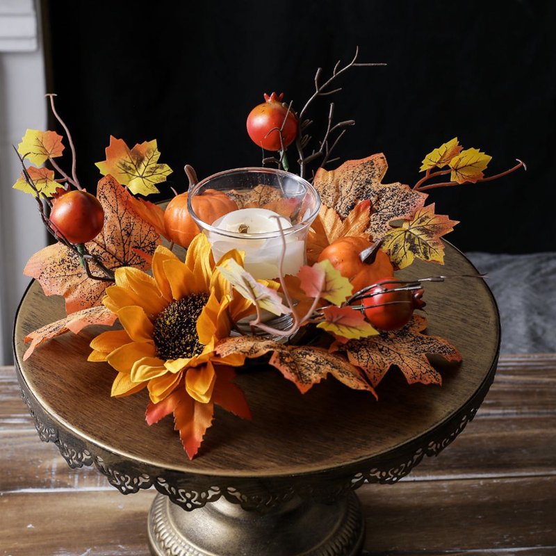 Autumn Pumpkin Maple Leaf Candle Ring Wreath - Fall Harvest Table Decor - Variation A
