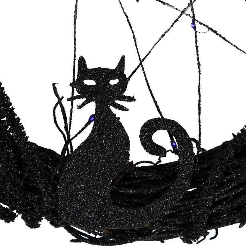 LED Halloween Wreath with Bats and Purple Lights - 13 Inch Black Twig Decor
