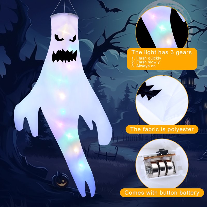 2 Pack Hanging Ghost Halloween Decor - Large Glowing LED Windsock with 3 Modes