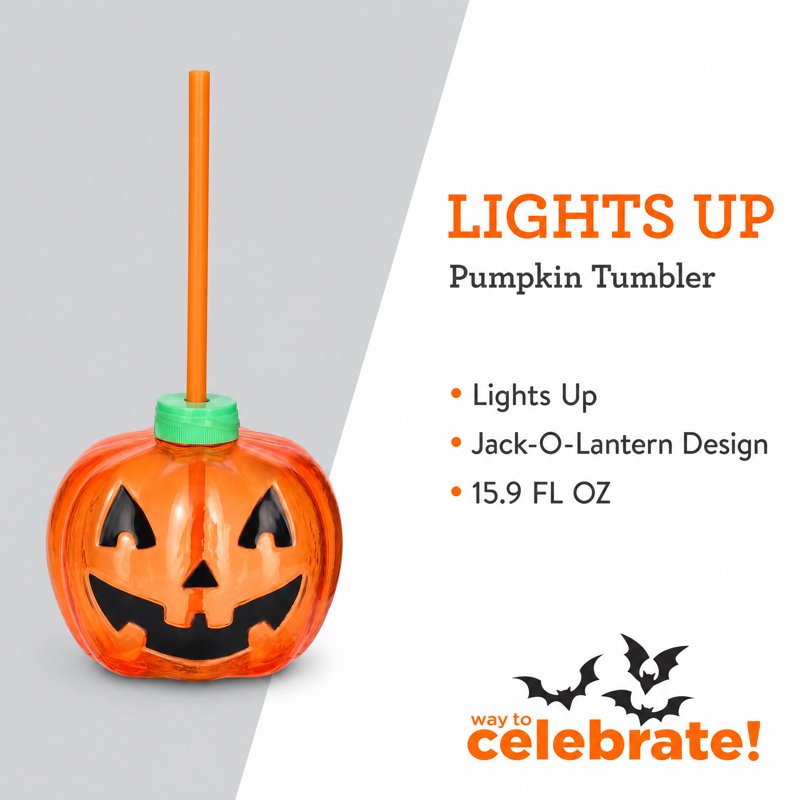 Light-Up Jack-o'-Lantern Tumbler - Halloween Reusable Drinkware with LED Light, 15.9 oz