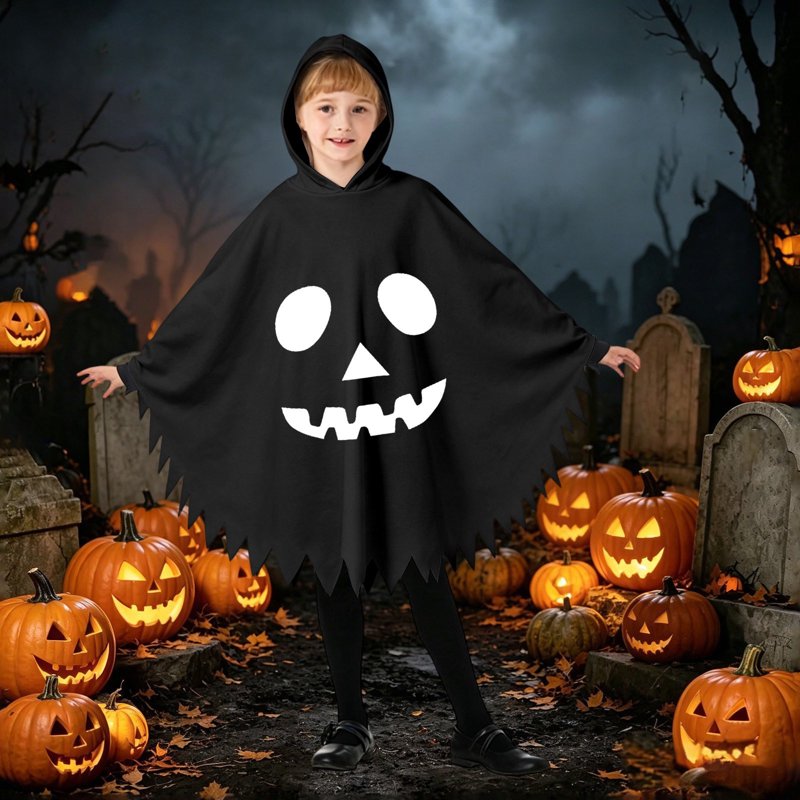 Kids Ghostface Costume Cape for Halloween - Unisex Hooded Dress Up, 7-9 Years, Black & Fancy Dress
