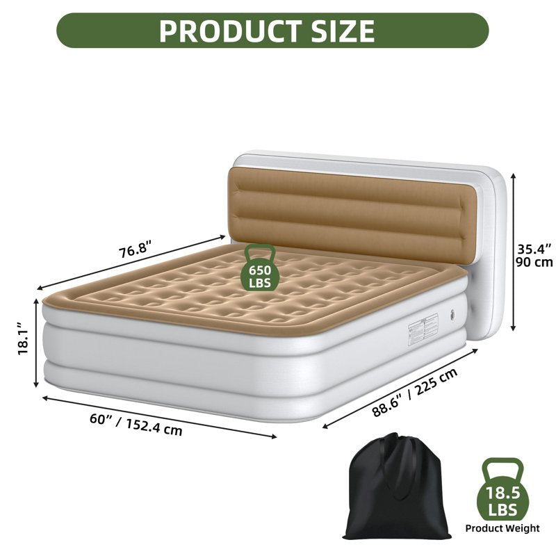 Queen Size Inflatable Air Mattress with Built-in Headboard and Pump - Durable Flocked Top, Portable for Indoor & Outdoor Use