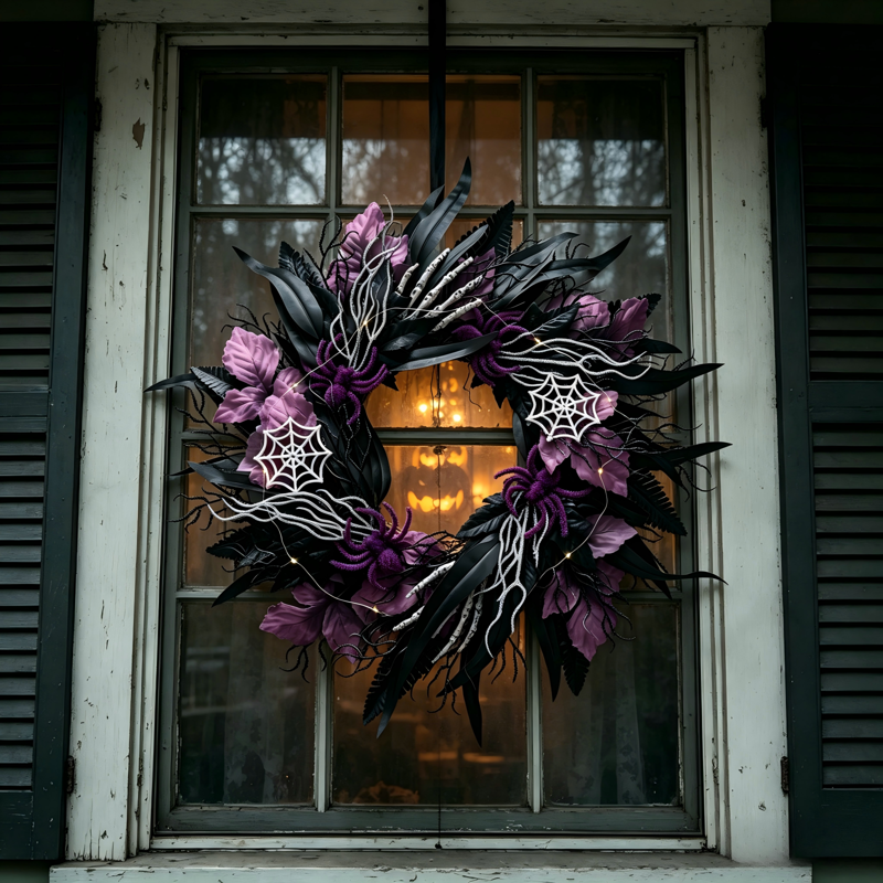 Halloween Black and Purple Wreath with Spider Web & LED Lights - 21.6 Inch Indoor/Outdoor Door Wall Decor