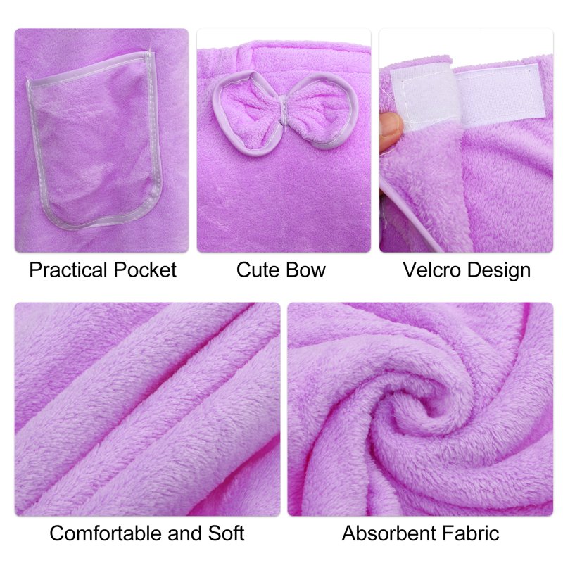 Women's Light Purple Bath Wrap Towel with Pocket & Adjustable Closure