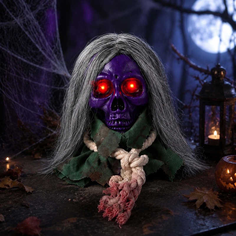 Halloween Moving Skull Head Prop with Long Hair, Creepy Skeleton Decor, Purple Variation