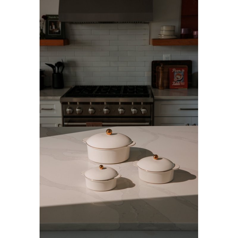 Ceramic Casserole Set - 3-Piece in Cream with Gold Accents