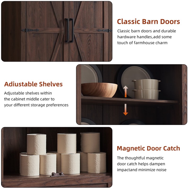 72" Farmhouse Kitchen Pantry Storage Cabinet - Brown with Barn Doors