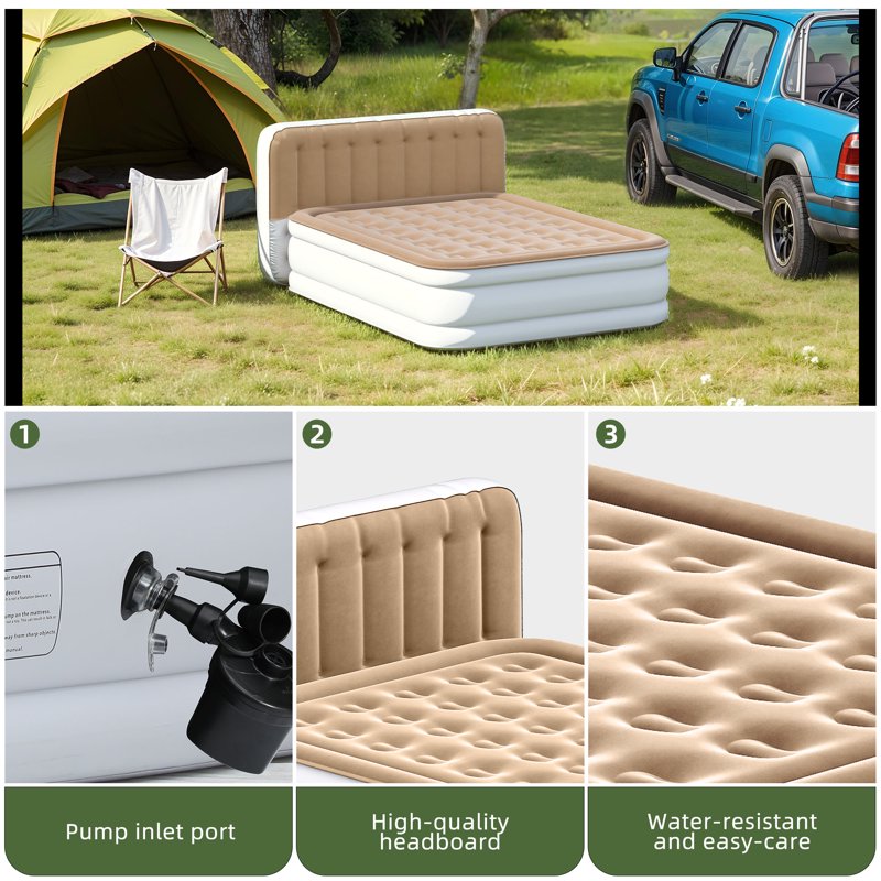 Brown Queen Air Mattress with Pump & Built-In Headboard - Inflatable Bed for Home & Guests