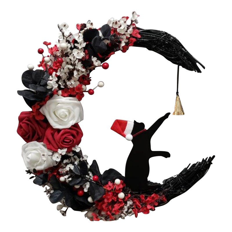 Moon Cat Farmhouse Wreath with Rose Garland for Indoor Outdoor Decor