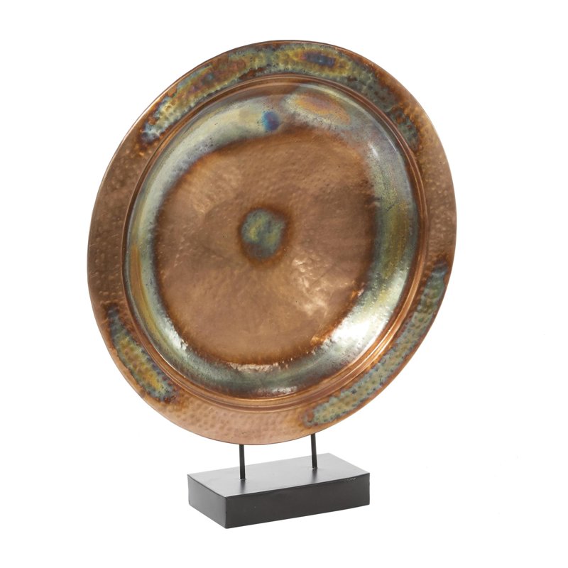 Large Copper Metal Weathered Disk Plate Sculpture with Stand - 25" x 30"