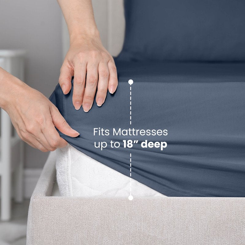 Twin Navy Cotton Sateen Bed Sheet Set - 400TC, 3-Piece
