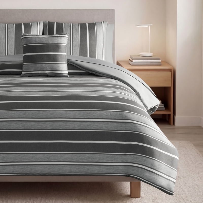 King Gray Bed in a Bag - Stripe Bedding Set with Reversible Comforter