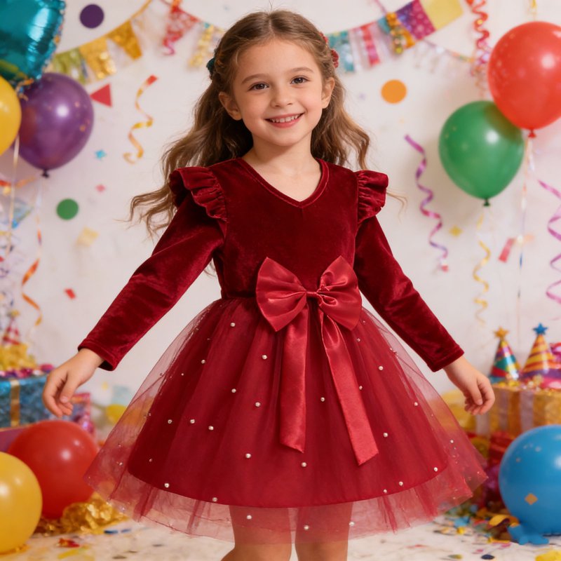 Girls Star Gown Long Sleeve Party Dress - Red, Size 9-10 Years