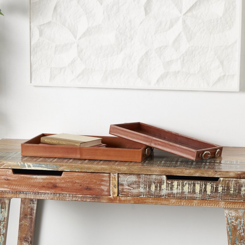 Brown Leather Nesting Tray Set with Buckle Handles - 2 Pieces