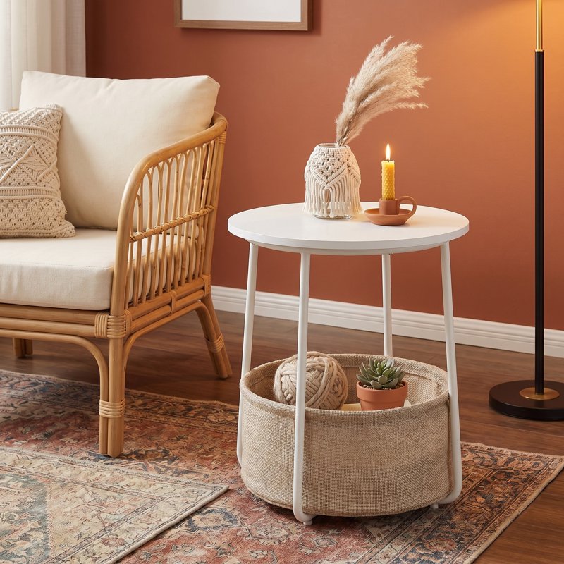 Round Side Table with Fabric Storage Basket - Matte White/Camel Brown