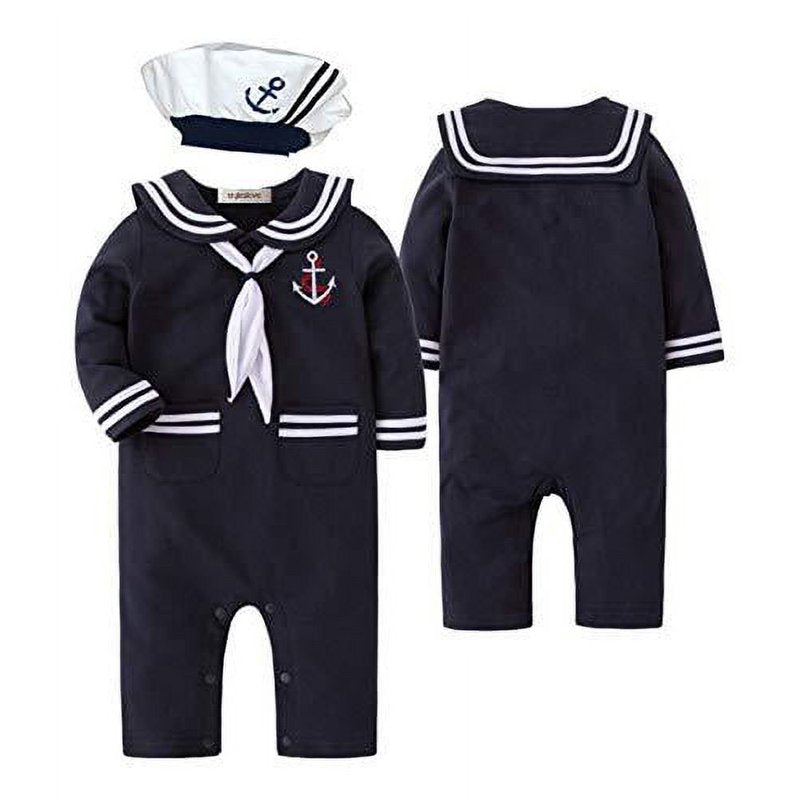 White Baby Boy Marine Sailor Cotton Romper Set with Hat and Necktie - 18-24 Months