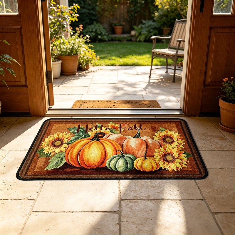 Thanksgiving Harvest Fall Doormat with Pumpkins & Sunflowers - Non-Slip Indoor Outdoor Entrance Decor - Variation Q