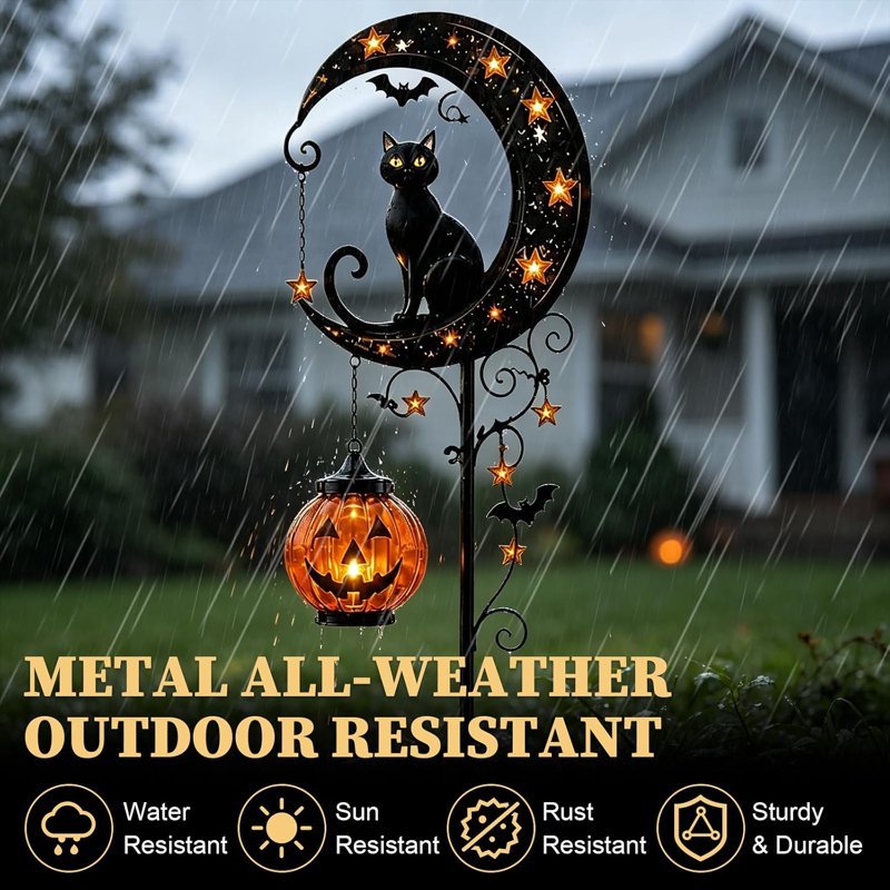 Solar Halloween Black Cat & Pumpkin Moon Garden Stake Light - Waterproof Metal Decor - Variation A