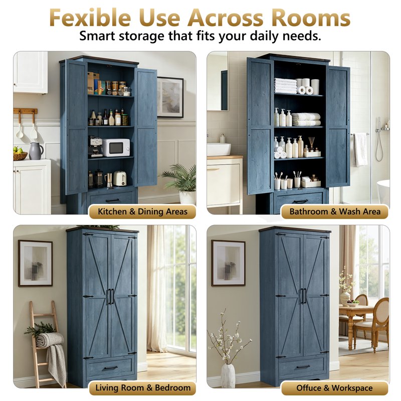72" Farmhouse Kitchen Pantry Cabinet with Barn Doors - Blue