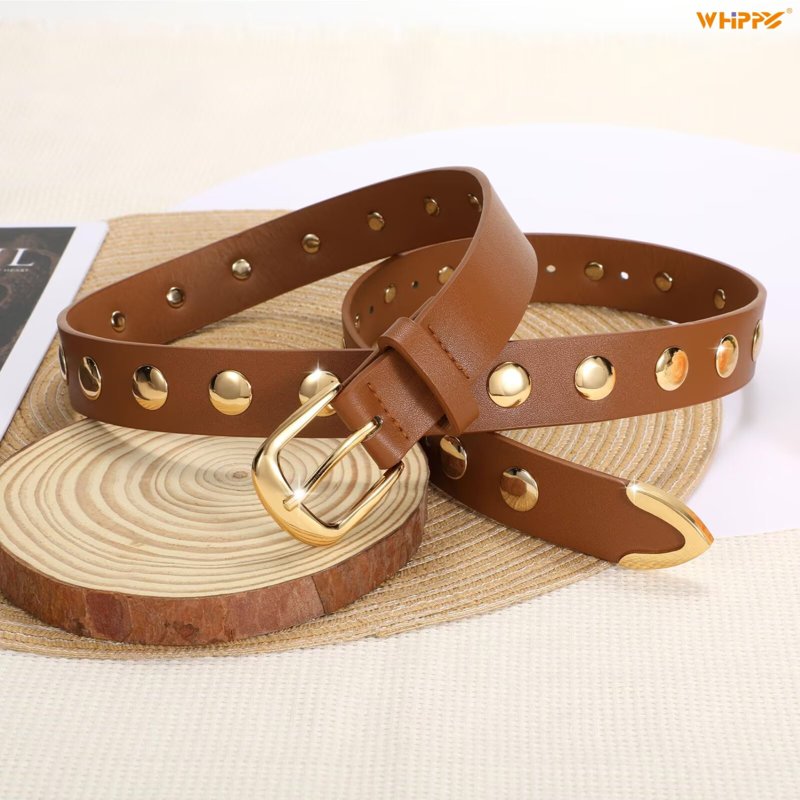 Women's Studded Leather Belt for Jeans Dresses - Brown, Fits Waist 32-36"