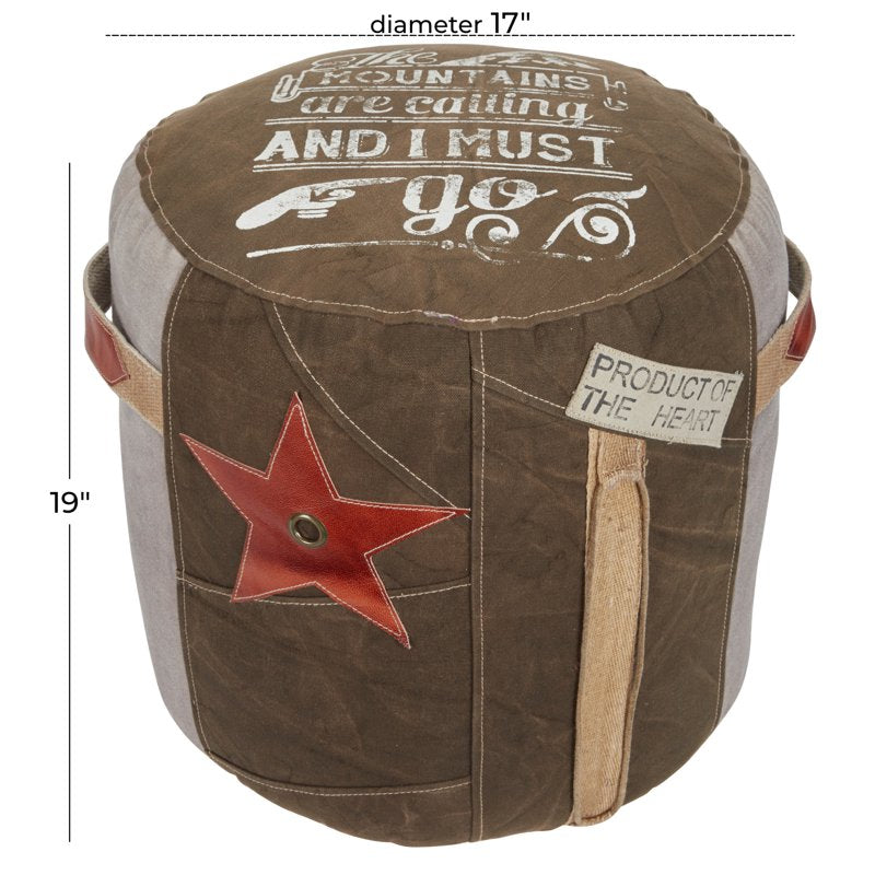 Round Brown Canvas Star Pouf with Leather Accents - 17x17x19 Inches, Variation of THIS listing