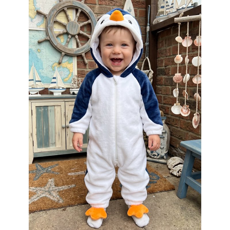 Toddler Baby Penguin Costume - Blue & White, 3-6 Months Plush Romper for Halloween