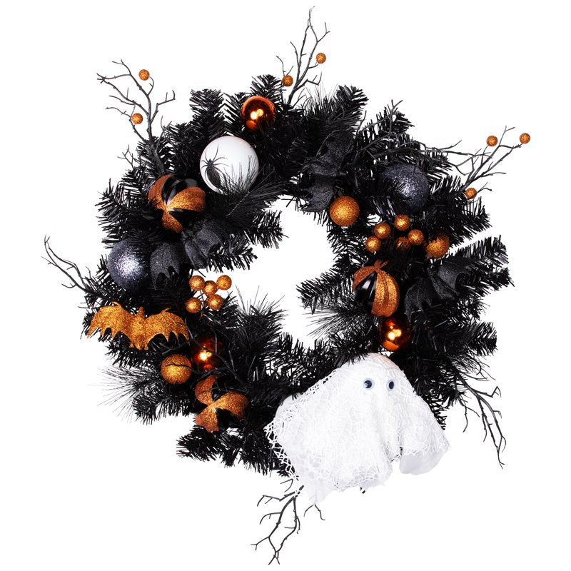 Halloween Twig Pine Wreath with Ghost & Ornaments - 24 Inch Unlit