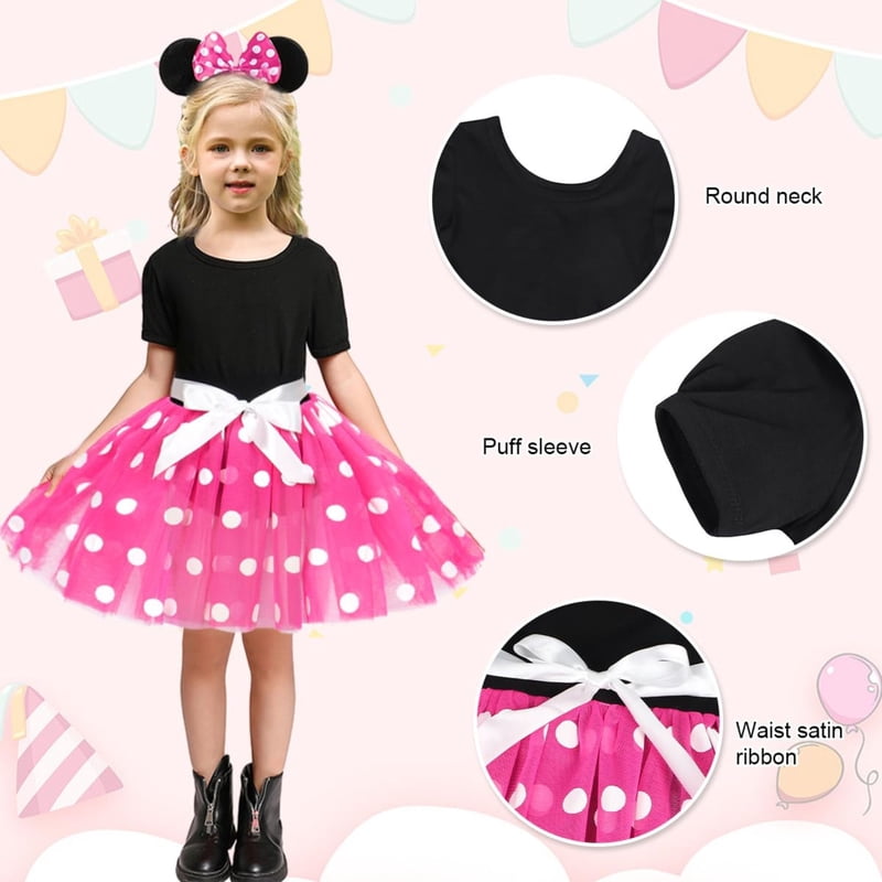 Pink Girls Red Polka Dot Tutu Dress with Bow Headband for Toddler Party & Cosplay - 120cm / 4-5 Years