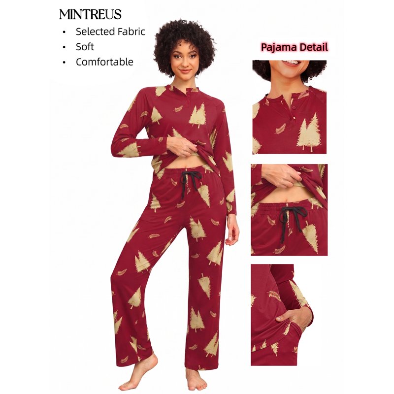 Christmas Red Pajama Set for Couples Women Men Soft Sleepwear with Pockets - L