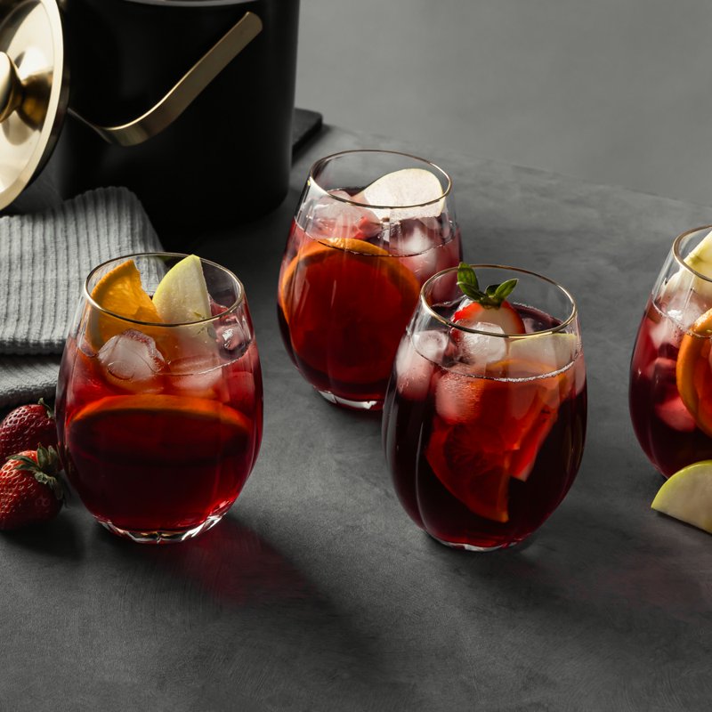 Scalloped Stemless Wine Glass Set with Gold Trim - 4 Pieces