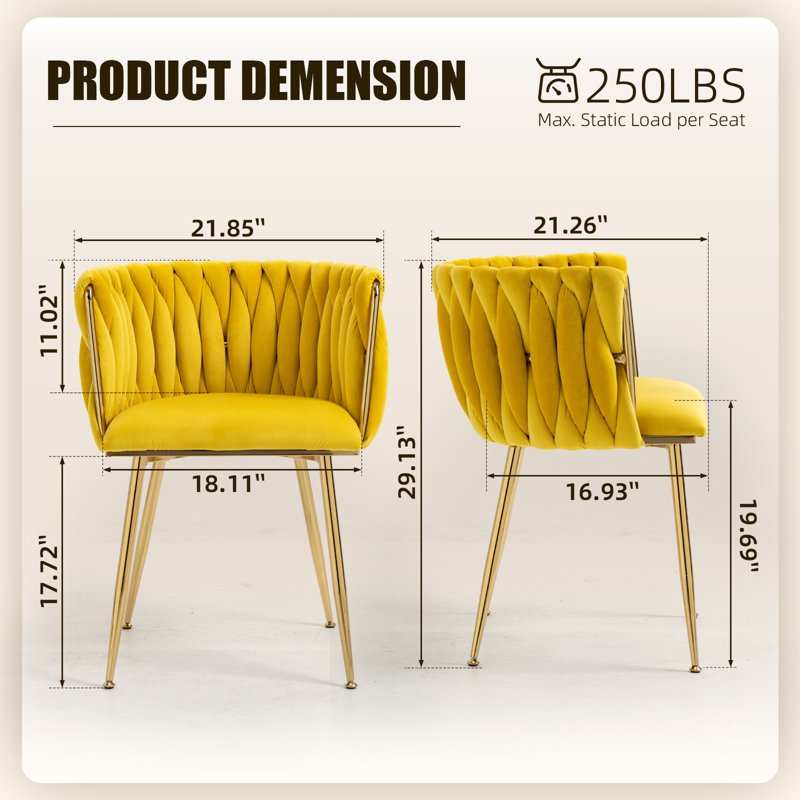 Velvet Dining Chairs Set of 2 - Yellow with Metal Legs