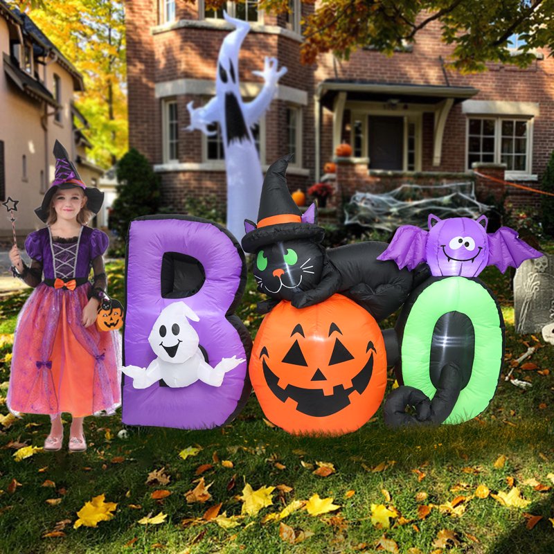 Halloween Inflatable Yard Decoration 6 Ft Pumpkin Ghost Black Cat & Bat Lighted