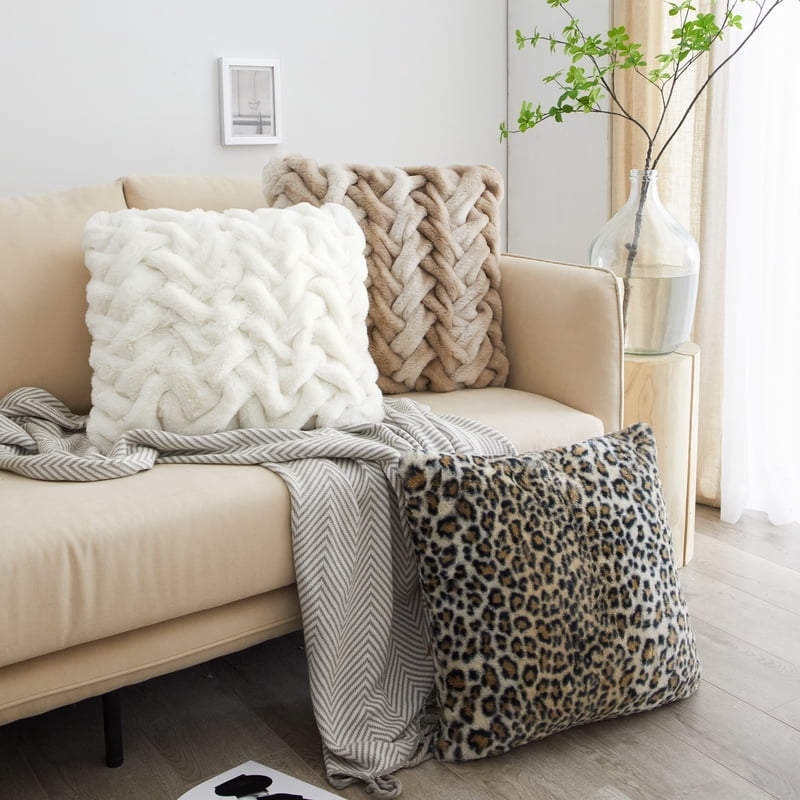 Ombre Tan Braided Faux Fur Decorative Pillow 20x20 Home Accent