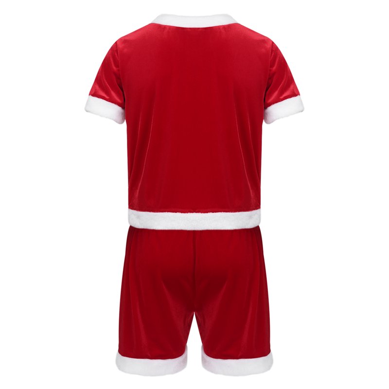 Men's Velvet Christmas Santa Costume Set - Short Sleeve Top & Shorts, Large, Red