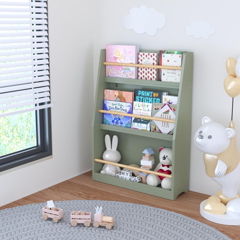 Kids 3-Tier Bookcase with Wood Rails - Children's Bookshelf