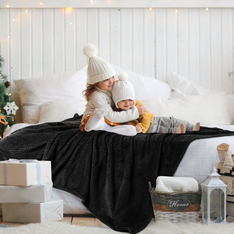 Flannel Fleece Velvet Blanket - 78x90 Inches Black, Soft & Warm Bed Throw